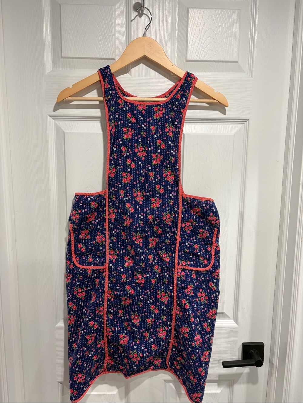Vintage Rose Navy Floral Crossover Apron with Pink Trim Back Tie Waist